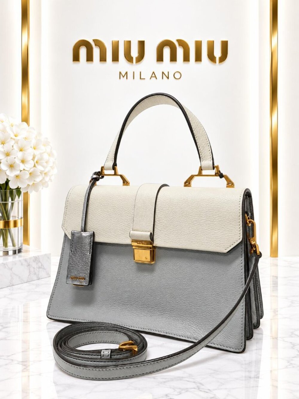 Authentic Miu Miu Madras White Gray Leather Top Handle Crossbody Bag